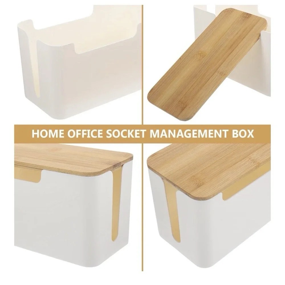 Cable Management Box Cord Organizer w/ Bamboo Lid White 12.18 x 5.58 x 5.11